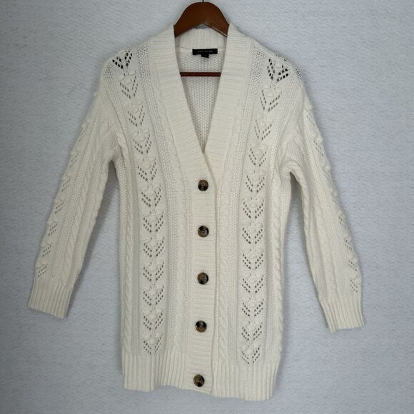 Ann Taylor Cardigan Women S Ivory Tortoise Button Cable Knit Stretch Warm Cozy - Picture 12 of 13